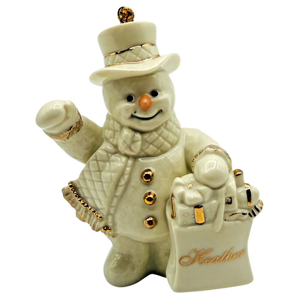 Lenox Snowman Ornament Personalized Name "HEATHER" Shopping Bag Gold Trim HTF 4"
